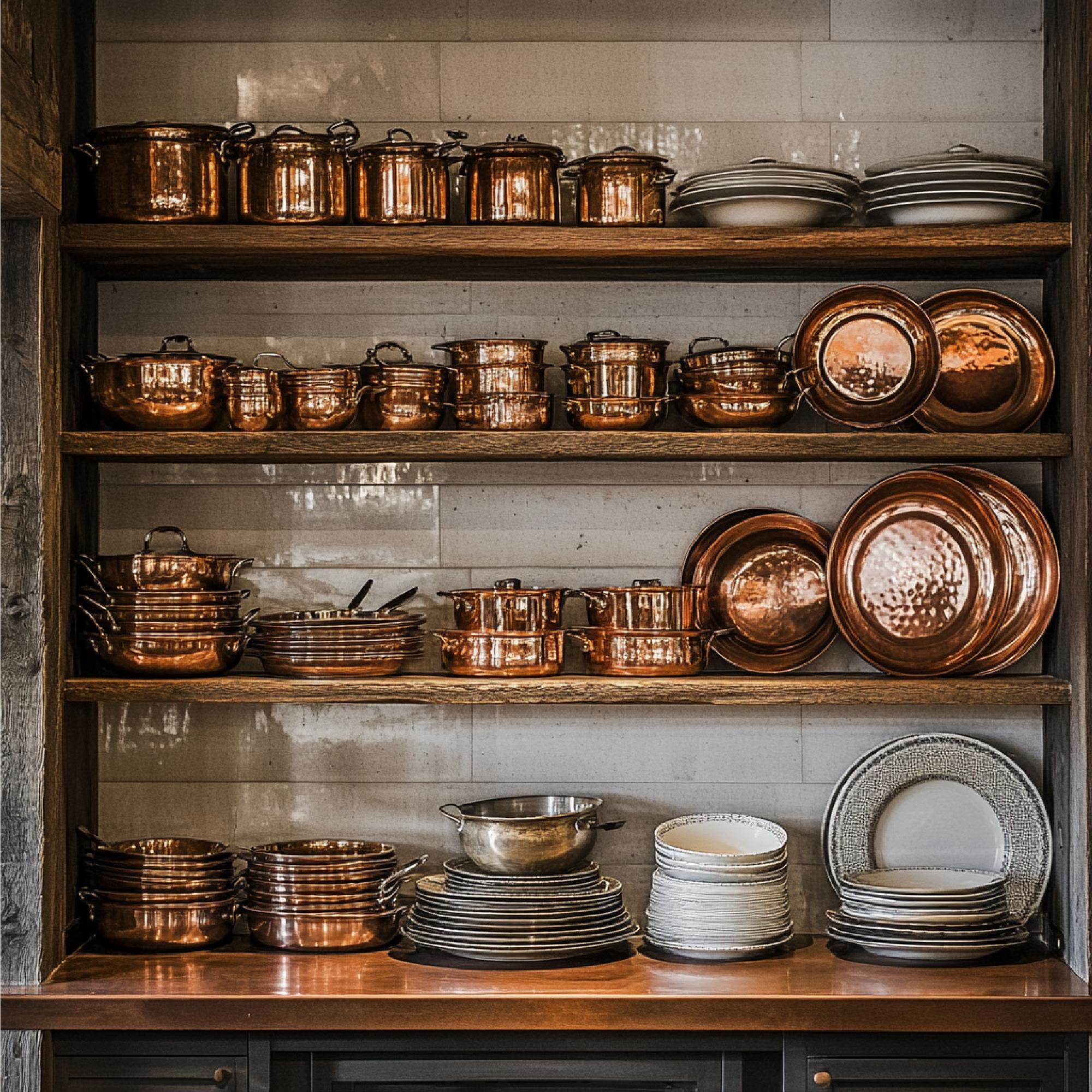Interno di una cucina-studio con scaffali e utensili in ottone